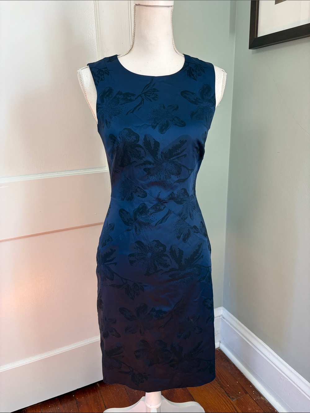 JAYGODFREY Navy Floral Jacquard Midi Dress Sleeveless Size 2